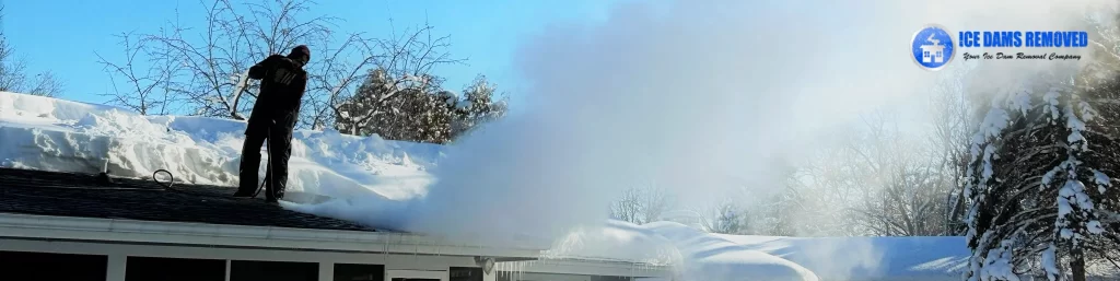 Ice dams removed with steam to stop roof leak.
